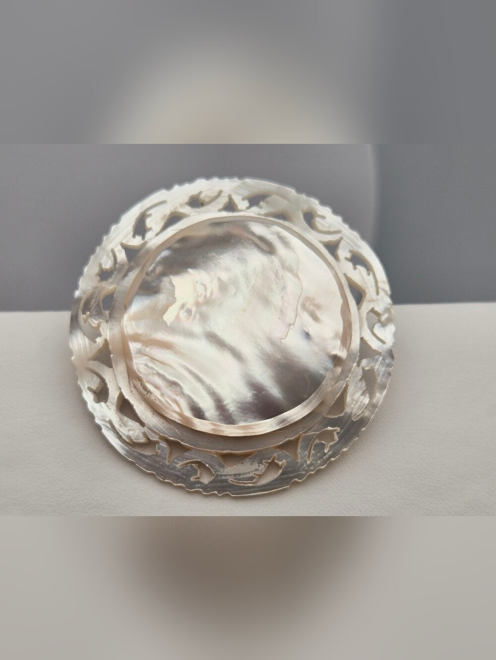 Antique Hand Carved Mother of Pearl Brooch Circular Iridescent Pin 2"